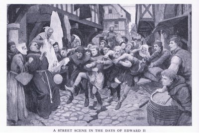 Una scena di strada ai tempi di Edoardo II, da La Storia del Popolo Britannico di Cassell pubblicato da Waverley Book Company Limited, c.1940 da Amedee Forestier