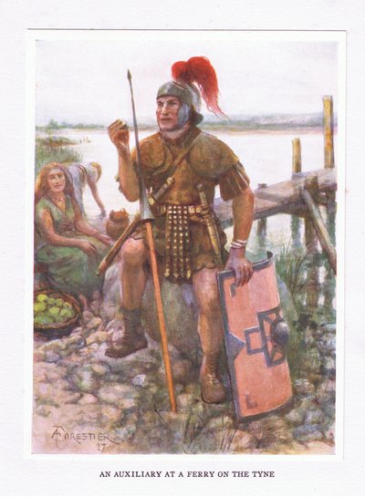 Un ausiliario a un traghetto sul Tyne, illustrazione da Il Soldato Romano, 1928 da Amedee Forestier