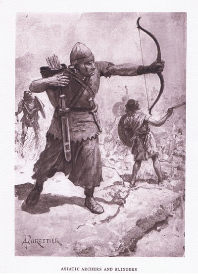 Arcieri e frombolieri asiatici, illustrazione da Il Soldato Romano, 1928 da Amedee Forestier