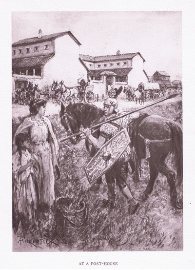 In una stazione di posta, illustrazione da Il Soldato Romano, 1928 da Amedee Forestier
