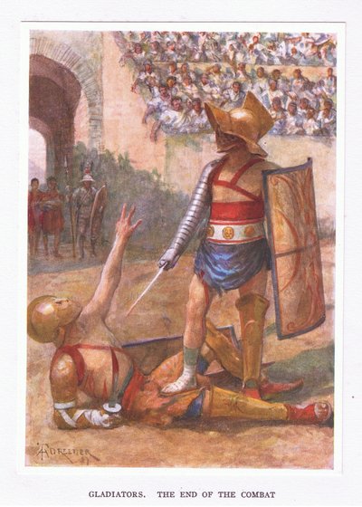 Gladiatori, la fine del combattimento, illustrazione da Il Soldato Romano, 1928 da Amedee Forestier