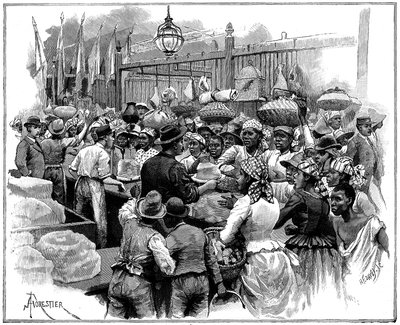 Bancarella del ghiaccio al mercato, Georgetown, Demerara, Guyana Britannica da Amedee Forestier