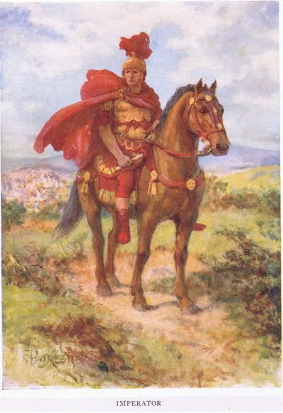 Imperator: originariamente, come qui, il generale romano vittorioso veniva salutato dai suoi soldati sul campo. Più tardi il titolo fu riservato solo agli imperatori, illustrazione da Il Soldato Romano, 1928 da Amedee Forestier