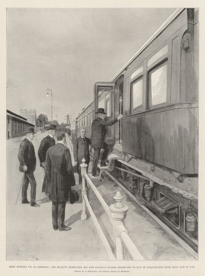 Re Edoardo VII in Germania, Sua Maestà ispeziona il suo nuovo vagone ferroviario, progettato per funzionare in congiunzione con quello attualmente in uso da Amedee Forestier