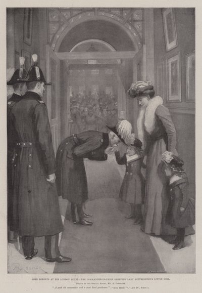 Lord Roberts nel suo hotel di Londra, il Comandante in Capo saluta la bambina di Lady Settrington da Amedee Forestier