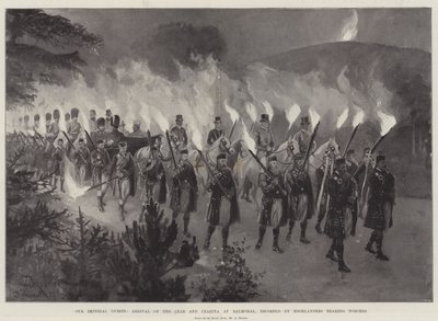 I nostri ospiti imperiali, arrivo dello Zar e della Zarina a Balmoral, scortati da Highlanders con torce da Amedee Forestier