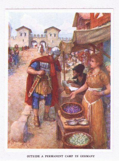 Fuori da un campo permanente in Germania, illustrazione da Il Soldato Romano, 1928 da Amedee Forestier