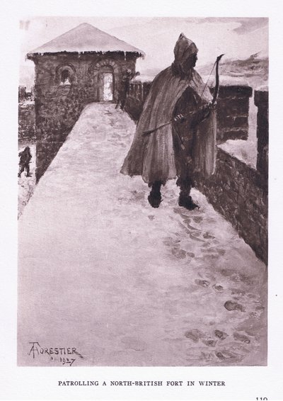 Pattugliamento di un forte nel nord della Britannia in inverno, illustrazione da Il Soldato Romano, 1928 da Amedee Forestier