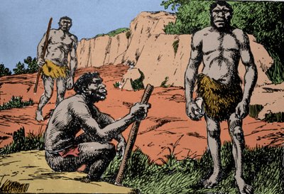 Preistoria: rappresentazione di Homo rhodesiensis o uomo di Broken hill, antenato di Homo sapiens, i cui fossili sono stati scoperti in Rhodesia (attuale Zambia in Africa). Disegno di A. Forestier. DR da Amedee Forestier