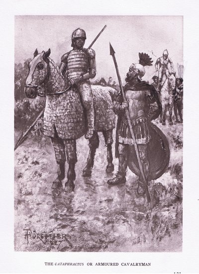 Il Cataphractus o cavaliere corazzato, illustrazione da Il Soldato Romano, 1928 da Amedee Forestier