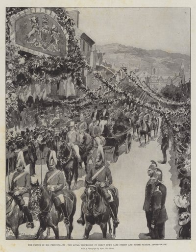 Il principe nel suo principato, la processione reale in Great Duke Gate Street e North Parade, Aberystwith da Amedee Forestier