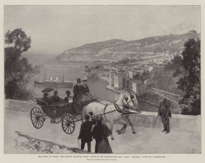 La Regina a Cimiez, Sua Maestà di ritorno da una passeggiata sulla strada di Villefranche, HMS Cambrian ancorata al largo di Villefranche da Amedee Forestier