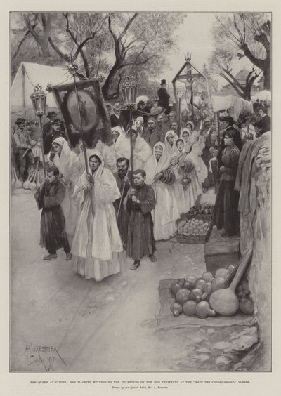 La Regina a Cimiez, Sua Maestà assiste alla partenza dei Penitenti Rossi alla Fête des Cougourdons, Cimiez da Amedee Forestier
