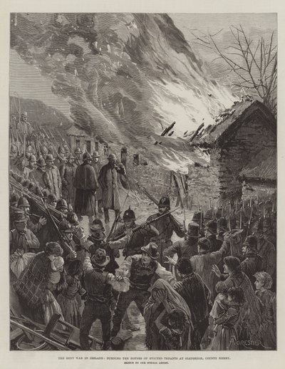 La guerra degli affitti in Irlanda, bruciando le case degli inquilini sfrattati a Glenbeigh, contea di Kerry da Amedee Forestier