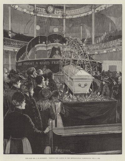 Il defunto Mr C H Spurgeon, che osserva la bara nel Metropolitan Tabernacle, 9 febbraio 1892 da Amedee Forestier