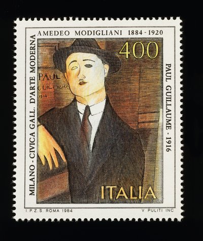 Francobollo della serie arti italiane in onore di Amedeo Modigliani (1884-1920), raffigurante Ritratto di Paul Guillaume (1916), francobollo da 400 lire da Amadeo (after) Modigliani