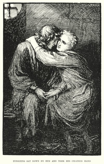 Innocens si sedette accanto a lui e prese la sua mano incatenata da Amelia M. (attr.to) Bowerley or Bauerle