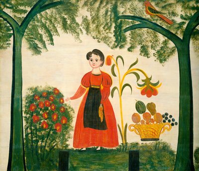 Ragazza in Rosso con Fiori e un Distelfink da American 19th Century