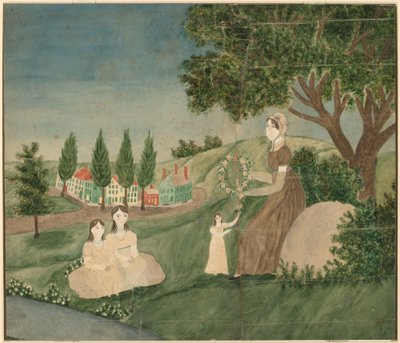 Madre e tre bambini che fanno una corona di fiori da American 19th Century