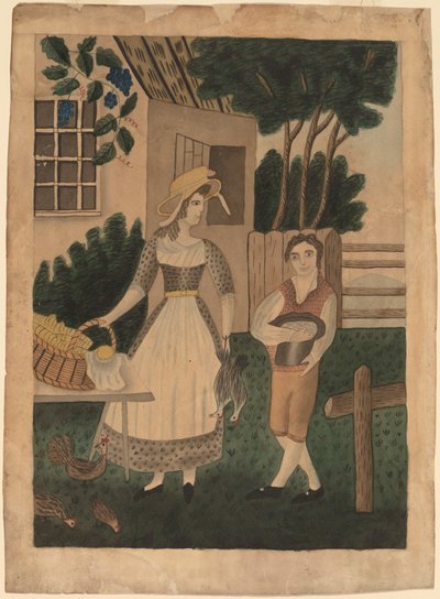 Donna e ragazzo con provviste da American 19th Century