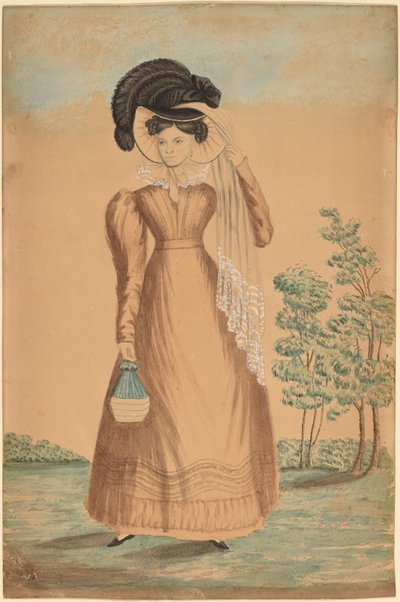 Donna con cappello piumato da American 19th Century