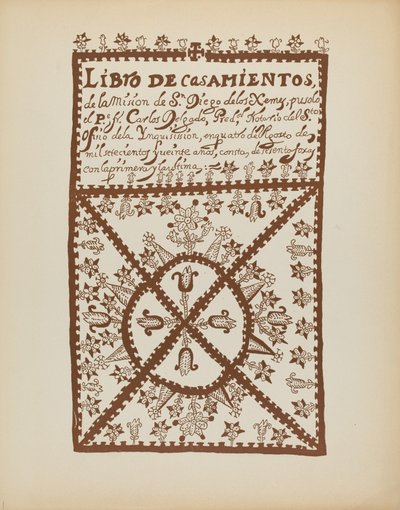 Libro dei matrimoni di Jemez: dal portfolio "Design coloniali spagnoli del Nuovo Messico" da American 20th Century