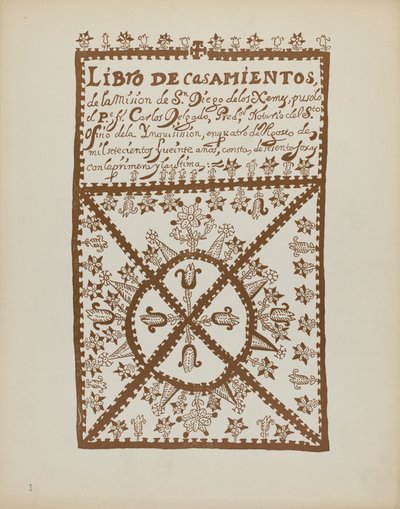 Tavola 1: Libro dei matrimoni di Jemez: Dal portfolio "Disegni coloniali spagnoli del Nuovo Messico" da American 20th Century
