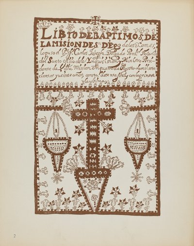 Tavola 2: Libro dei Battesimi di Jemez: Dal Portfolio "Disegni Colonial Spagnoli del Nuovo Messico" da American 20th Century
