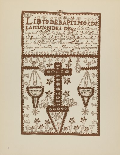 Tavola 2: Libro dei Battesimi di Jemez: Dal Portfolio "Designs coloniali spagnoli del Nuovo Messico" da American 20th Century