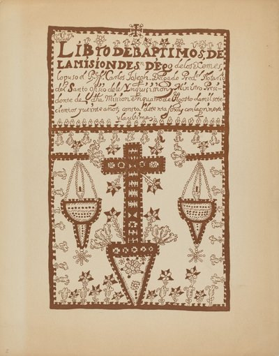 Tavola 2: Libro dei battesimi di Jemez: Dal portfolio "Disegni coloniali spagnoli del Nuovo Messico" da American 20th Century