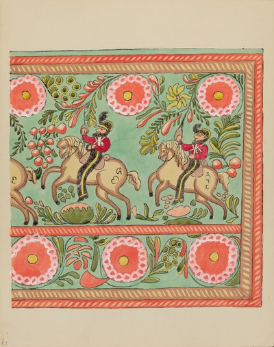 Tavola 43: Disegno di cassapanca dipinta: Dal portfolio "Disegni coloniali spagnoli del Nuovo Messico" da American 20th Century