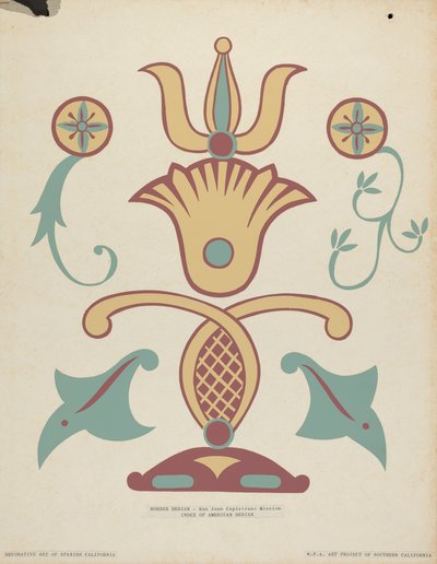 Disegno del bordo della missione di San Juan Capistrano dal portfolio "Arte decorativa della California spagnola" da American 20th Century