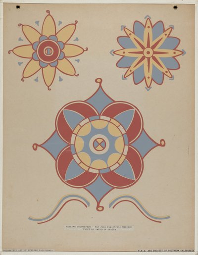 Decorazione del soffitto della Missione di San Juan Capistrano dal portfolio "Arte decorativa della California spagnola" da American 20th Century