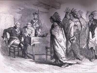 Visita di Pontiac e degli indiani al maggiore Gladwin 1763, illustrazione da Cassells History of the United States pubblicata da Cassell, Petter & Galpin, c.1900 da American English school