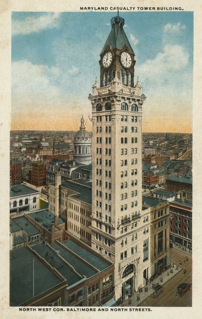 Baltimora, MA: Edificio della Maryland Casualty Tower, angolo nord-ovest di Baltimore e North Streets (foto a colori) da American Photographer