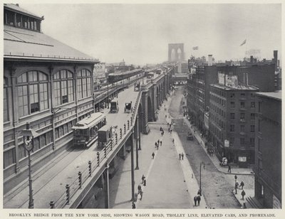 Ponte di Brooklyn dal lato di New York, mostrando la strada per i carri, la linea del tram, le auto elevate e la passeggiata da American Photographer