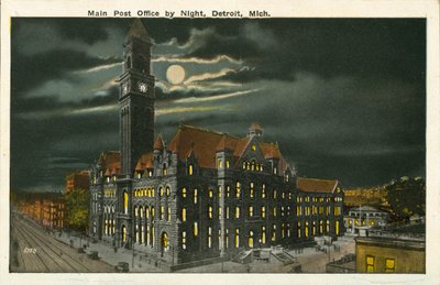 Ufficio postale principale di notte, Detroit, Michigan (foto a colori) da American Photographer