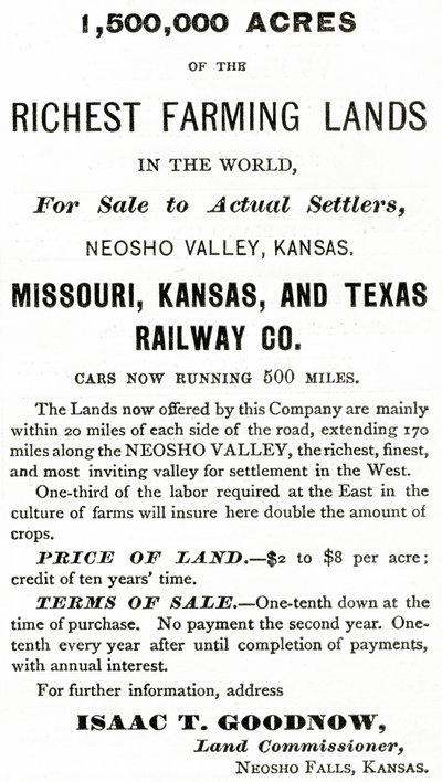 1.500.000 acri delle terre agricole più ricche del mondo, nella valle del Neosho, Kansas, pubblicità da Appletons Journal, 4 maggio 1872 da American School