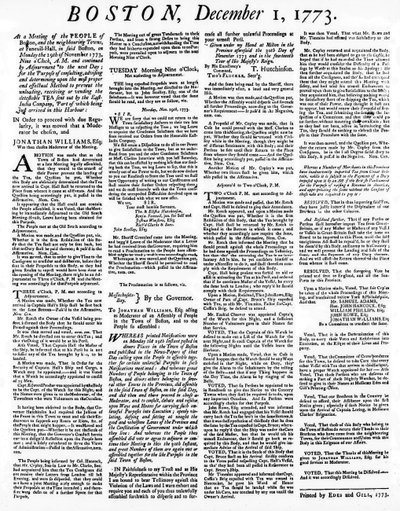Un giornale Broadside che descrive gli eventi del Boston Tea Party, dicembre 1773 da American School