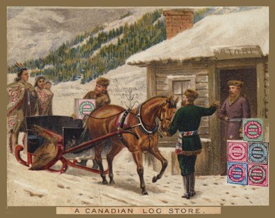 Un negozio di tronchi canadese, pubblicità Huntley e Palmer da American School