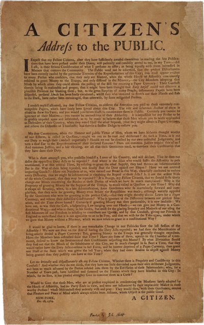 Indirizzo di un cittadino al pubblico riguardo al sostegno delle truppe reali, 18 dicembre 1769 da American School