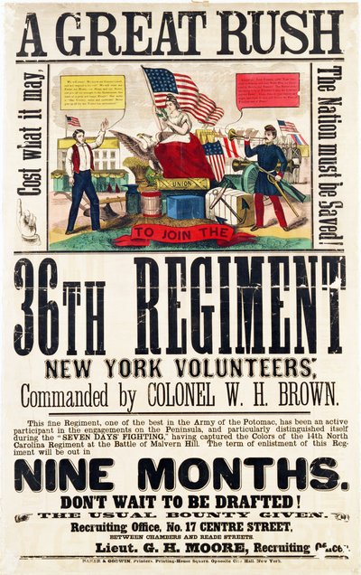 Una grande corsa, poster di reclutamento per il 36° Reggimento, pubblicato da Baker & Goodwin da American School