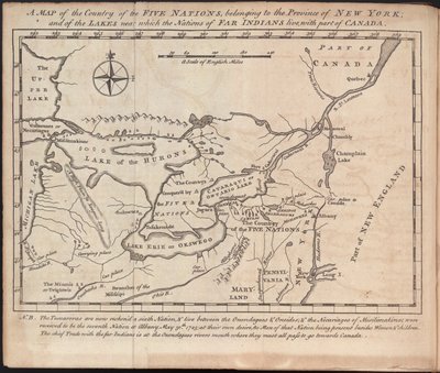 Mappa del paese delle Cinque Nazioni, appartenente alla provincia di New York; e dei laghi vicino ai quali vivono le nazioni degli indiani lontani, con parte del Canada, di Cadwallader Colden da American School