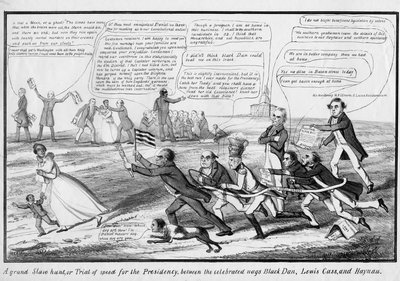 Una grande caccia agli schiavi, o, Prova di velocità per la presidenza, tra i celebri cavalli Black Dan, Lewis Cass e Haynau, pubblicato da T.C., New York, c.1852 da American School