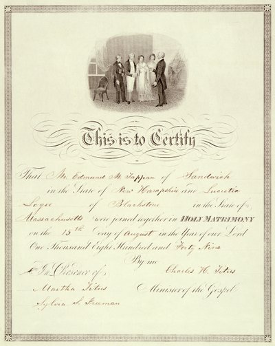 Un certificato di matrimonio del 1849 da American School