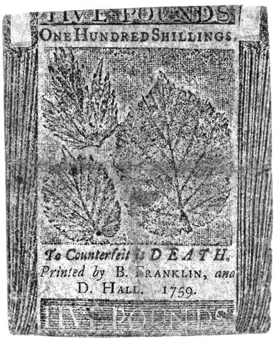 Una banconota da cento scellini stampata da B. Franklin e D. Hall, 1759 da American School