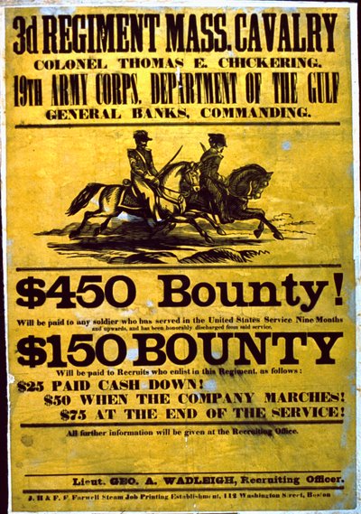 Poster di reclutamento per il 3° Reggimento, Cavalleria del Massachusetts, 1863-65 da American School