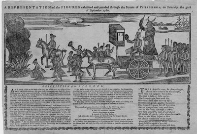 Una rappresentazione delle figure esposte e sfilate per le strade di Filadelfia sabato 30 settembre 1780 da American School