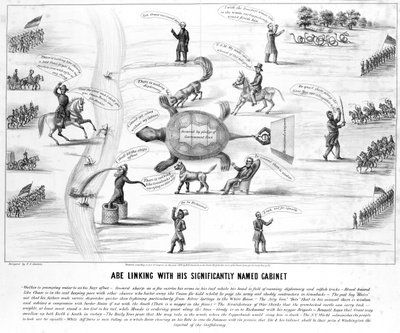 Abe Linking con il suo gabinetto significativamente nominato, pubblicato da M.E. Godwin nel 1864 da American School