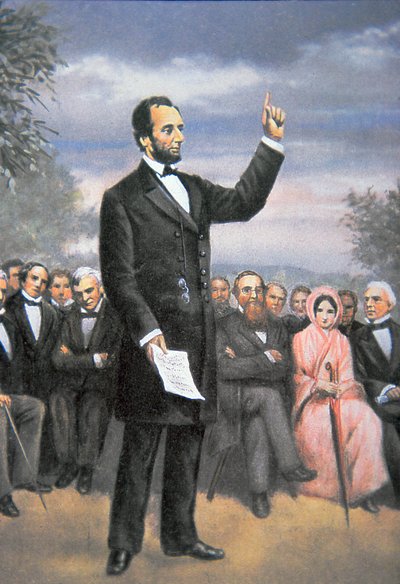 Abraham Lincoln (1809-65) che pronuncia il discorso di Gettysburg a Gettysburg, Pennsylvania, novembre 1863 da American School